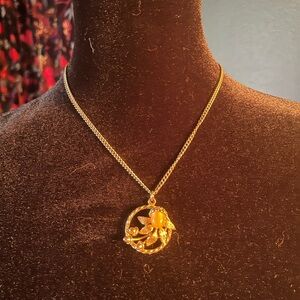 Vintage Gold Tone Floral Pendant Necklace with Lucite Acorn